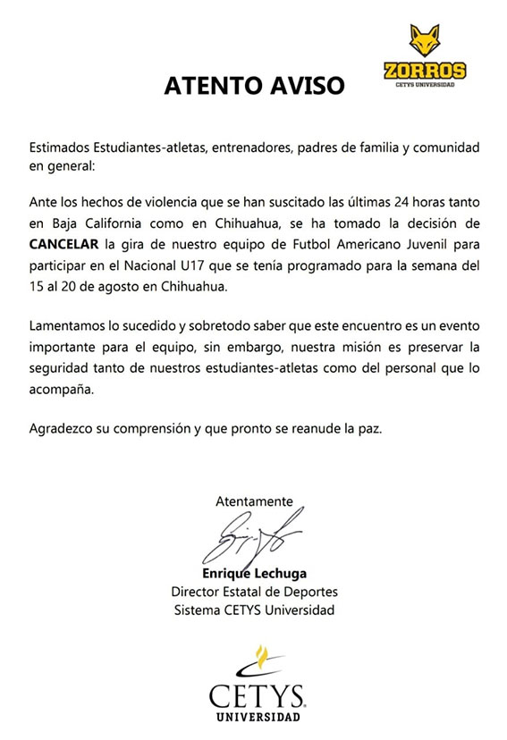 Documento de las autoridades cancelando el viaje