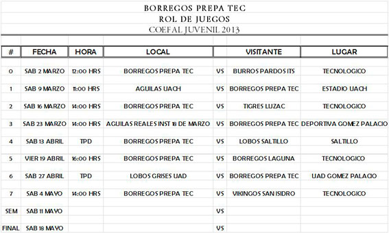 Calendario Juvenil 2013 COEFAL